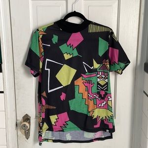 ADIDAS Retro Sport Black Neon Tshirt Multicolor 90s Streetwear Allover Print L